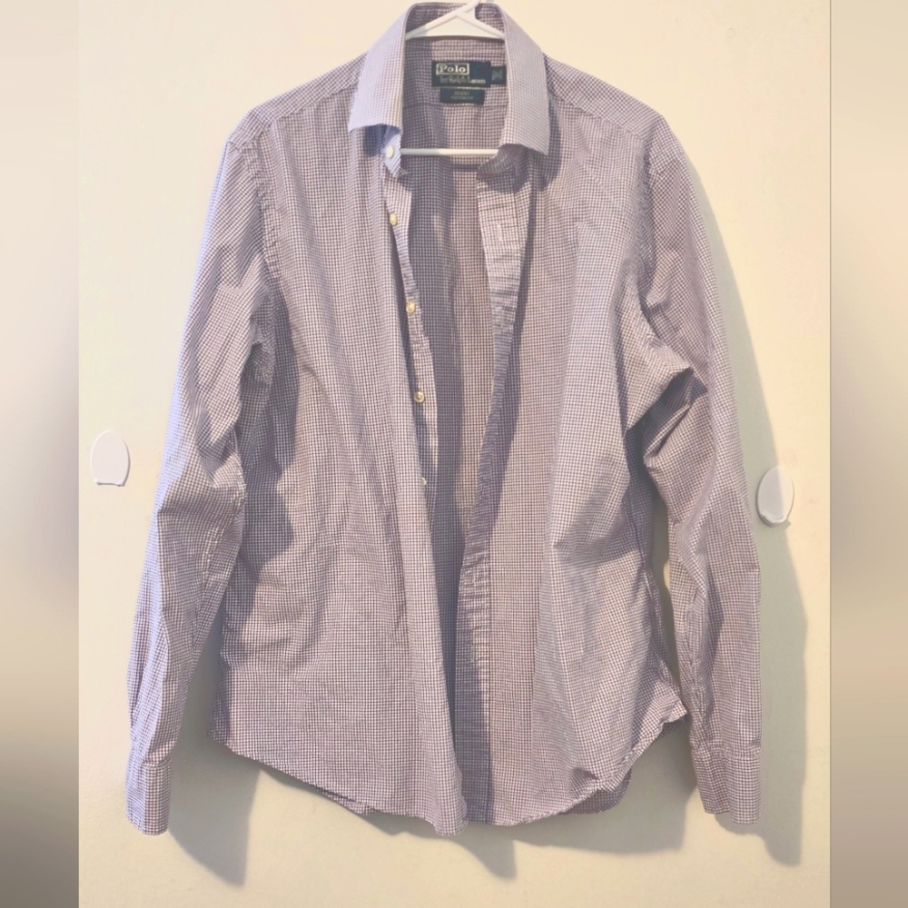 Ralph Lauren Spring Purple & White Plaid Button Up Size 36-37 17 NECK